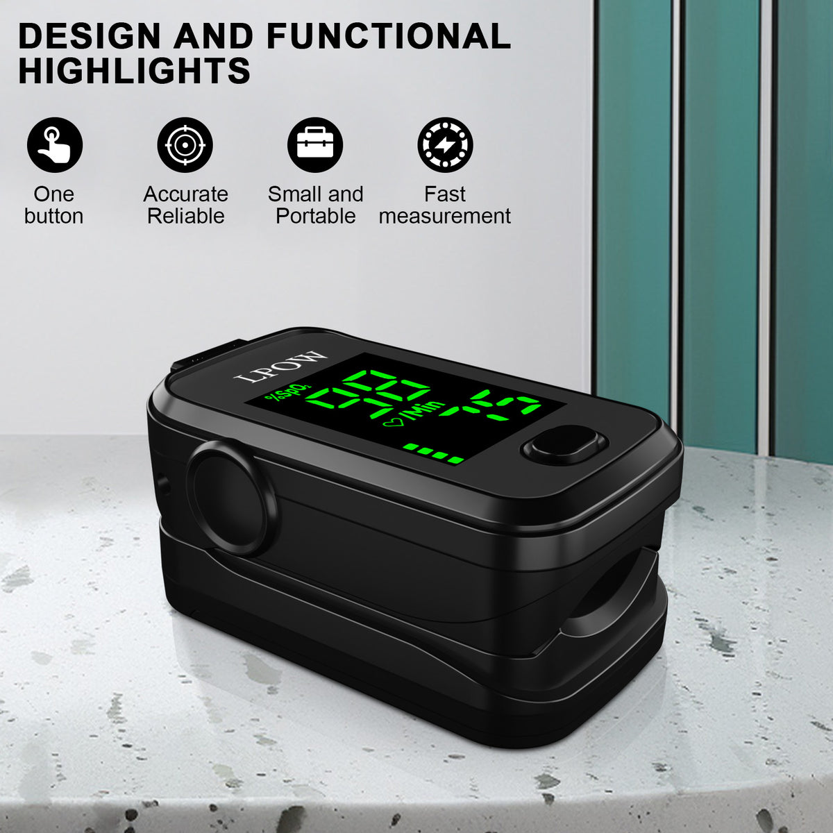 LPOW Fingertip Pulse Oximeter with Batteries and Lanyard, Oxygen Level