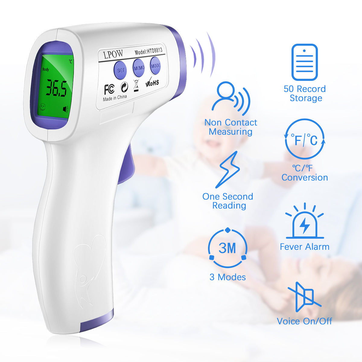 Lianbo IR Non-Contact Professional Medical Grade Infrared Thermometer Three Color LCD No Touch Forehead Ear and Body Temperature Reading Scanner Gun